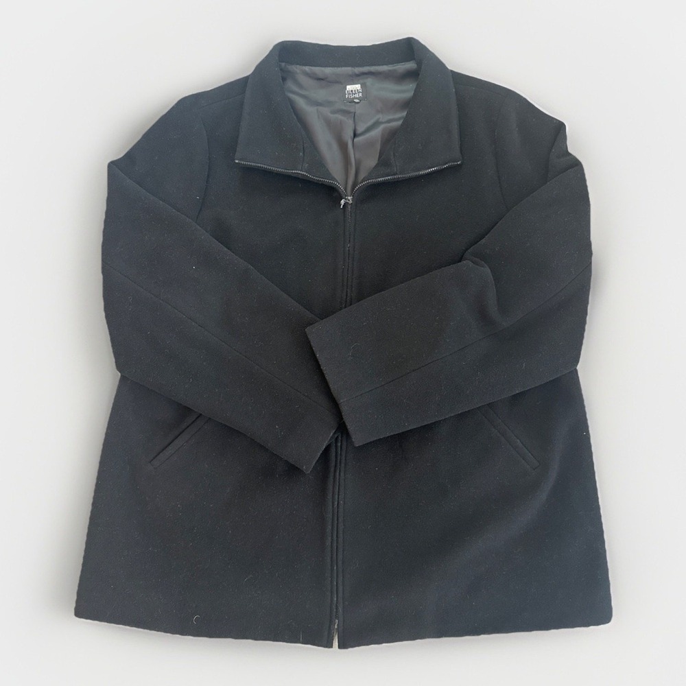 Eileen Fisher Women L Black 100% Wool Zip Up Jacket Coat Minimalist Quiet Luxury
